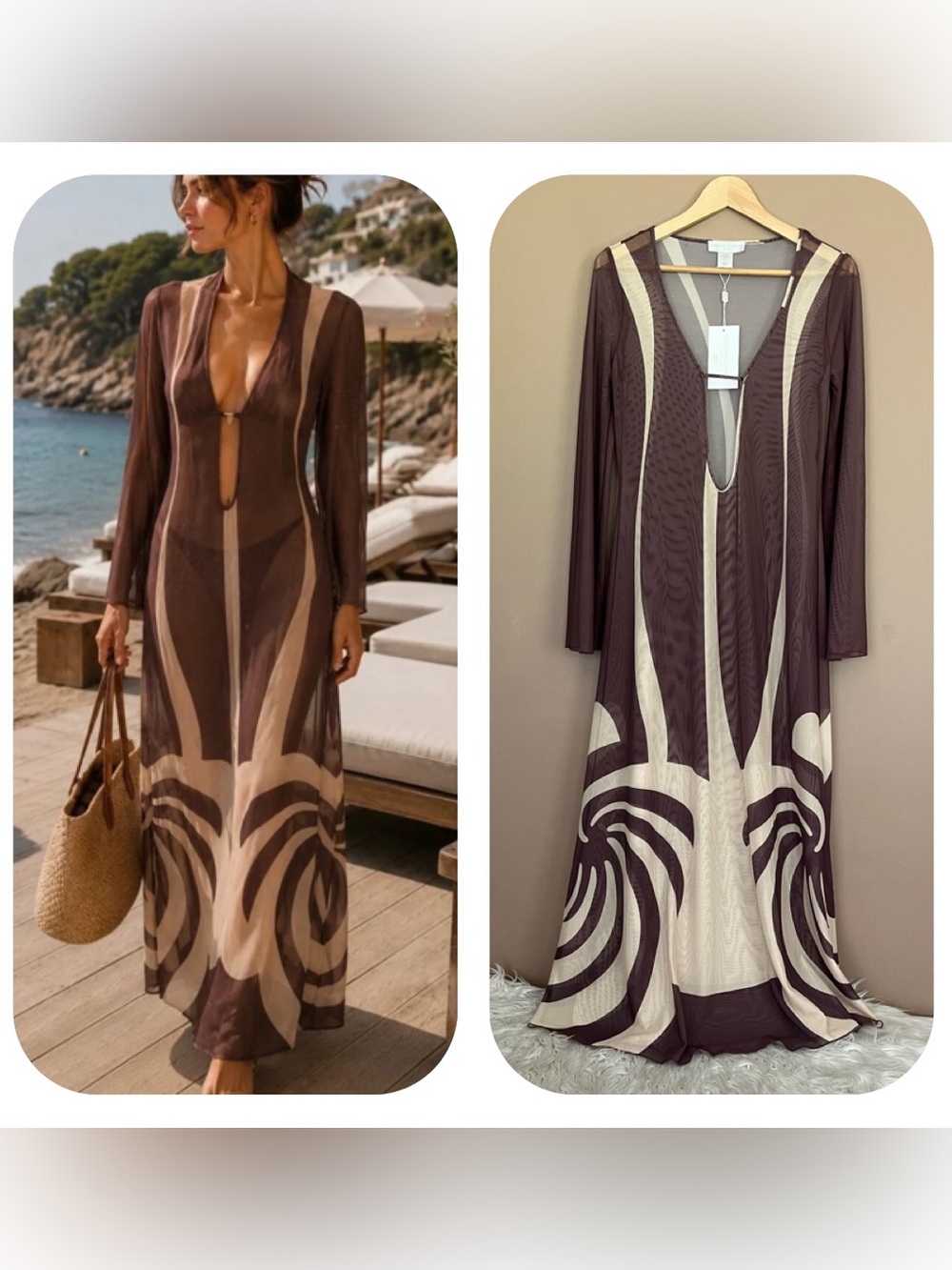 {Caroline Constas} Long Sleeve Sheer Mesh Cover-Up Dress in Brown - Womens XS